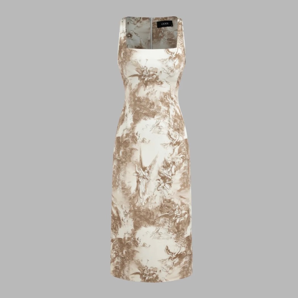 Midi dress with toile print in brown. No sleeves